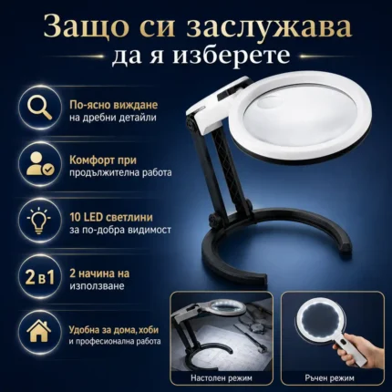 Голяма увеличителна ръчна и настола лупа с LED осветление за четене-2
