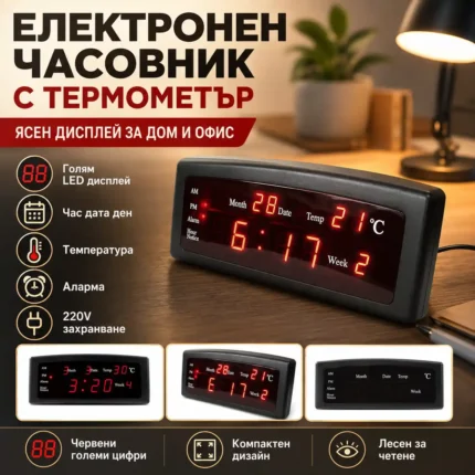LED часовник с червени цифри, термометър и дата