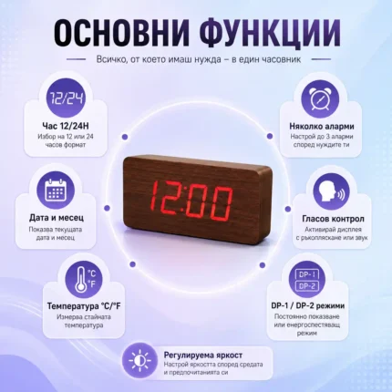 Голям LED дървен декоративен настолен часовник с температура будилник светещ на ток-2