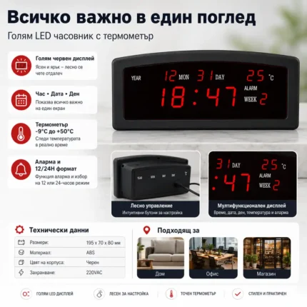 Голям LED дигитален настолен часовник с термометър дата за стая офис-2