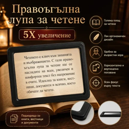 Голяма правоъгълна лупа 5X за четене на книги и цяла страница