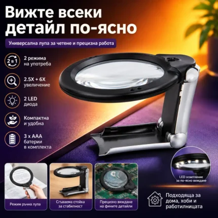 Голяма лупа 2.5X с LED осветление – ръчна и настолна