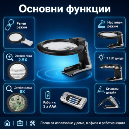 Голяма увеличителна ръчна и настолна лупа с LED осветление за четене-2