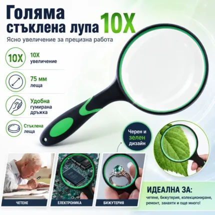 Голяма стъклена лупа 10X с 75 мм леща за четене и детайли