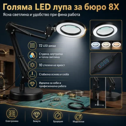 Лампа с лупа 8X и 72 LED за четене, шиене и гоблени