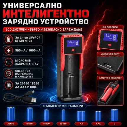 Универсално зарядно за батерии с LCD дисплей и Micro USB
