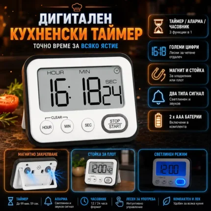 Дигитален кухненски таймер с часовник, аларма и магнит