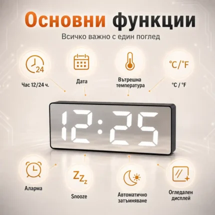 LED дигитален настолен часовник огледало с термометър големи цифри-3