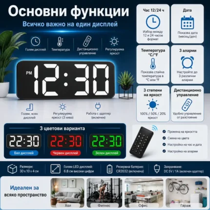 LED електронен часовник с големи цифри за стена или бюро с дистанционно-2