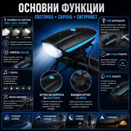 LED акумулаторен фар за колело звънец сирена лед фенер велосипед USB зареждае предни светлини-2
