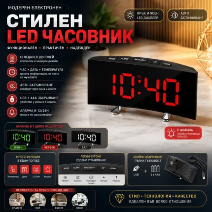 Часовник с огледален дисплей, температура, дата и аларма
