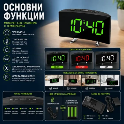 Модерен електронен LED настолен часовник с температура USB безшумен малък за спалня офис-2