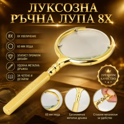 Луксозна ръчна лупа 8X със стъклена леща и метална дръжка
