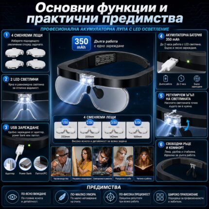 Акумулаторна увеличителна лупа за глава LED осветление очила за четене гоблени бродерия-2