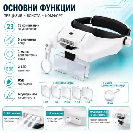 Акумулаторна лупа за глава с лед осветление очила за четене гоблени шиене-2
