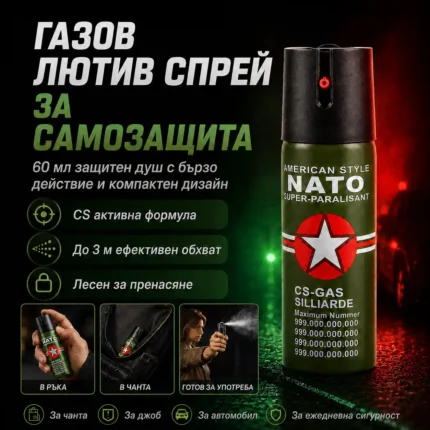 Спрей за самозащита NATO 60 мл с обхват до 3 метра