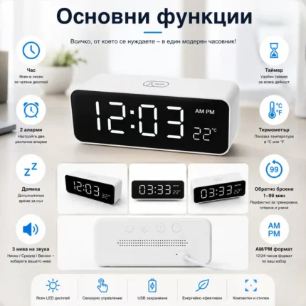 Модерен LED дигитален настолен часовник с термометър за стая спалня-2