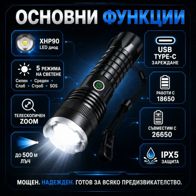 Мощен акумулаторен LED фенер прожектор XHP90 USB зареждане за лов риболов къмпинг палакта планина-2