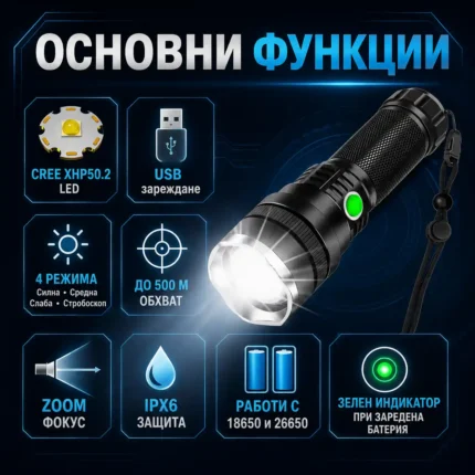 Мощен акумулаторен ръчен лед фенер водоустойчив USB зареждане CREE за лов риболов туризъм-2