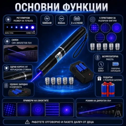 Мощен акумулаторен син лазер 5000mW пойнтер горящ палещ клечка кибрит-2