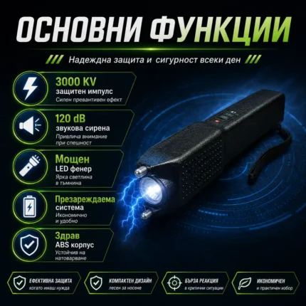 Мощен акумулаторен електрошок с фенер кучегон със звукова аларма палка за самозащита кучета охрана-2