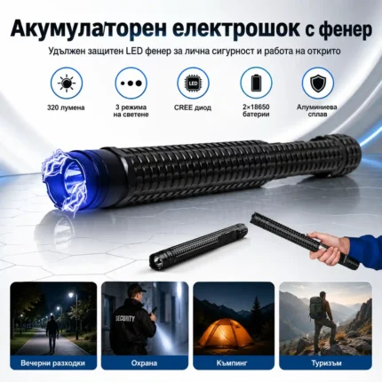Електрошок палка с CREE LED фенер и 2 батерии 18650