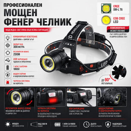 Челник за риболов CREE T6 + COB с обхват над 300 м