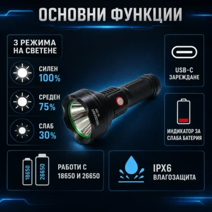 Мощен ръчен фенер LED прожектор тактически за лов риболов къмпинг туризъм палатка работа аварии-2