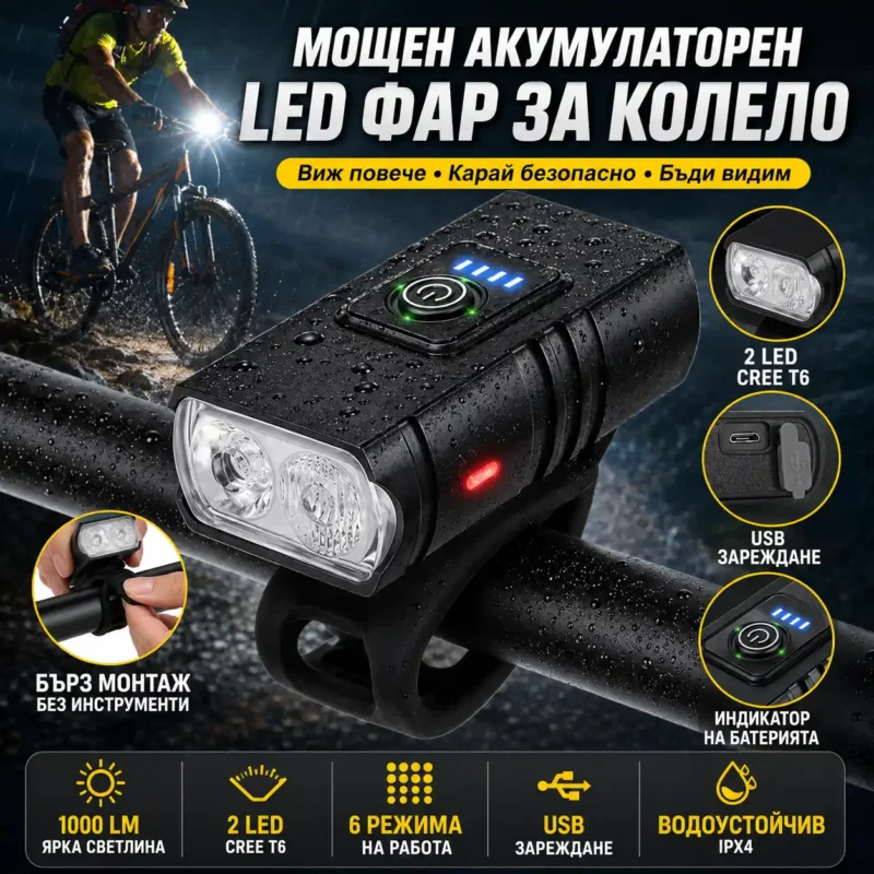 Мощен LED фар за колело 1000 лумена с 2 CREE T6 диода и USB зареждане