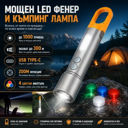 Фенер с цветни филтри 1000 лумена, COB лампа и регулируем фокус