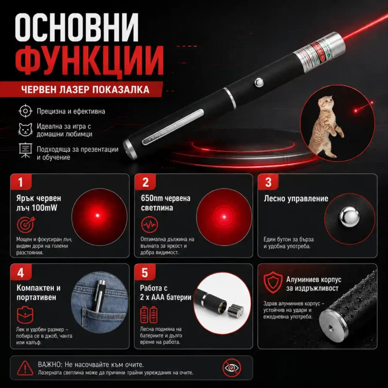 Мощен малък червен лазер тип показалка за котки мини лазерче пойнтер-2