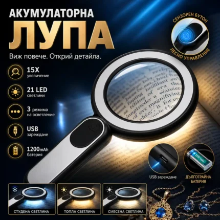 Лупа за четене 15X с LED осветление и голяма стъклена леща
