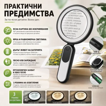 Мощна голяма увеличителна лупа 15X LED осветление стъклена за четене-2