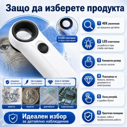Мощна увеличителна ръчна лупа 40X LED осветление за бижутери часовникари-2