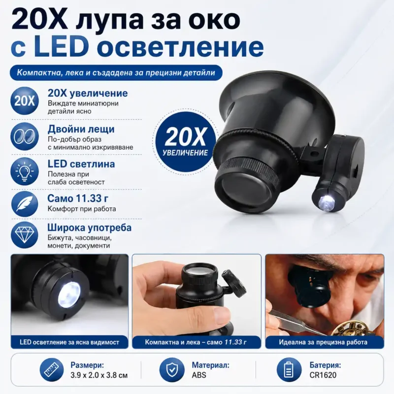 Часовникарска лупа за око 20X с LED осветление за ремонт