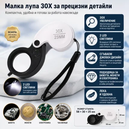 Бижутерска лупа 30X с LED осветление за бижута и монети