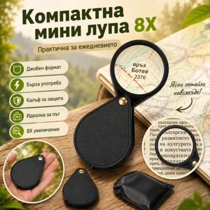 Джобна лупа 8X със стъклена леща 60 мм за четене