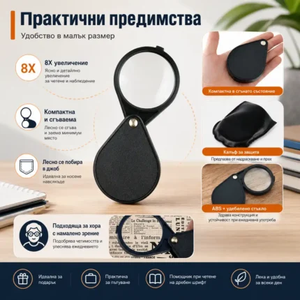 Мощна мини джобна сгъваема ръчна лупа 8X увеличение стъклена за четене-2