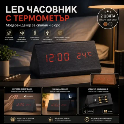 Триъгълен LED часовник с термометър и имитация на дърво