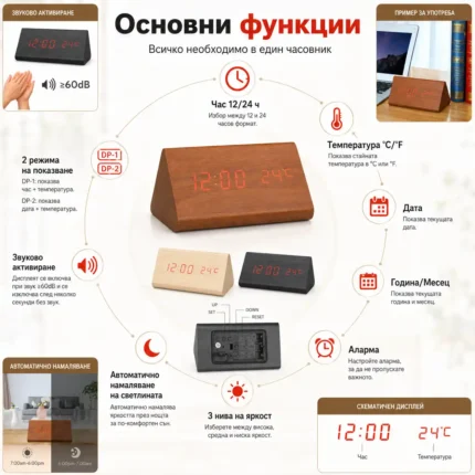 Декоративен LED настолен часовник дървен дигитален термометър USB постоянно светещ на ток-2