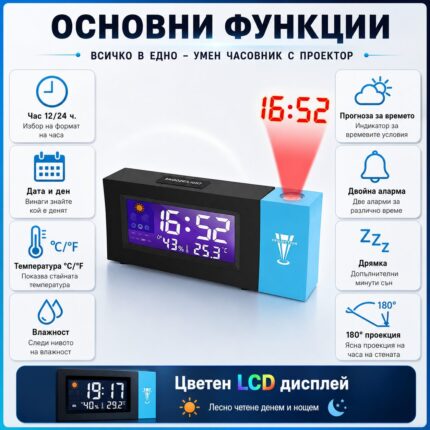 Модерен LED настолен часовник с проектор на стена таван будилник аларма светещ-2