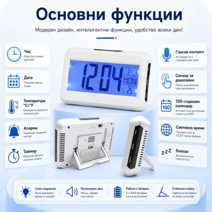 Дигитален настолен часовник с термометър сензор дата гласово управление за спалня офис-2
