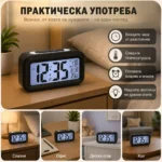 Настолен LED дигитален часовник с термометър аларма постоянно светещ в тъмното на батериии-7