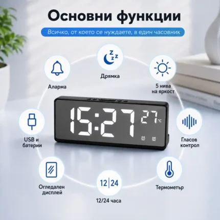 Стилен настолен LED часовник с термометър USB дата аларма календар-2