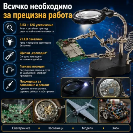 Мощна професионална настолна лупа помощна ръка с LED осветление за запояване-2