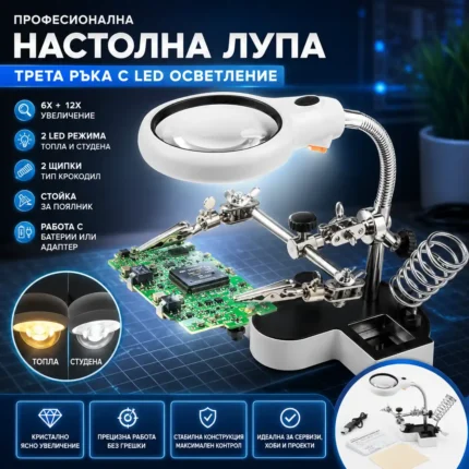Трета ръка за запояване с лупа 6X/12X, LED и стойка за поялник