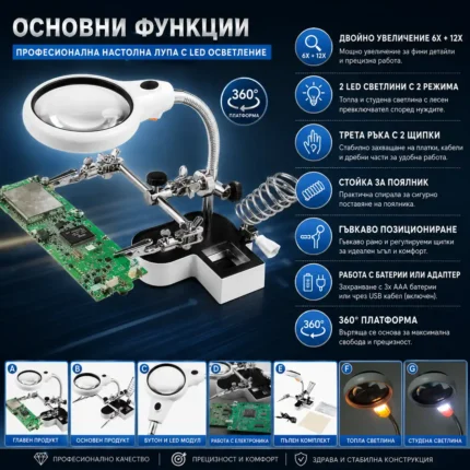 Професионална мощна настолна лупа трета ръка с LED осветление за платки-2