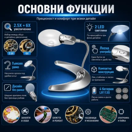 Увеличителна настолна лупа с LED осветление лампа регулируемо рамо за четене-2