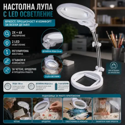 Сгъваема настолна лупа с LED 2X и 6X за четене и шиене