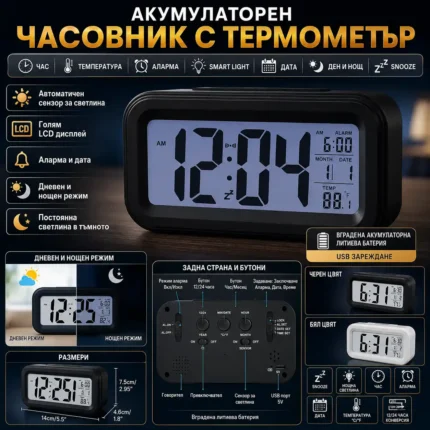 Дигитален часовник със светлинен сензор, аларма и термометър